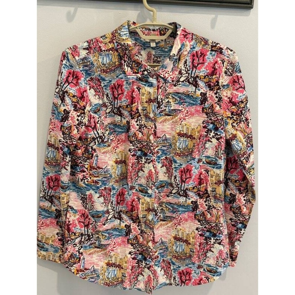 Talbots 100% Cotton All Over Print Shirt Lighthouse Cafe Boat Button Up Fall M